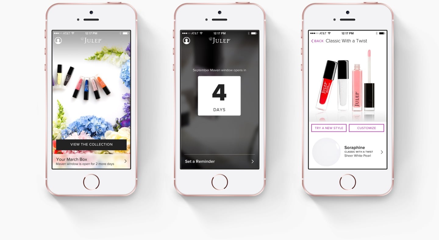 A phone displaying the Julep app while hovering above a pink background