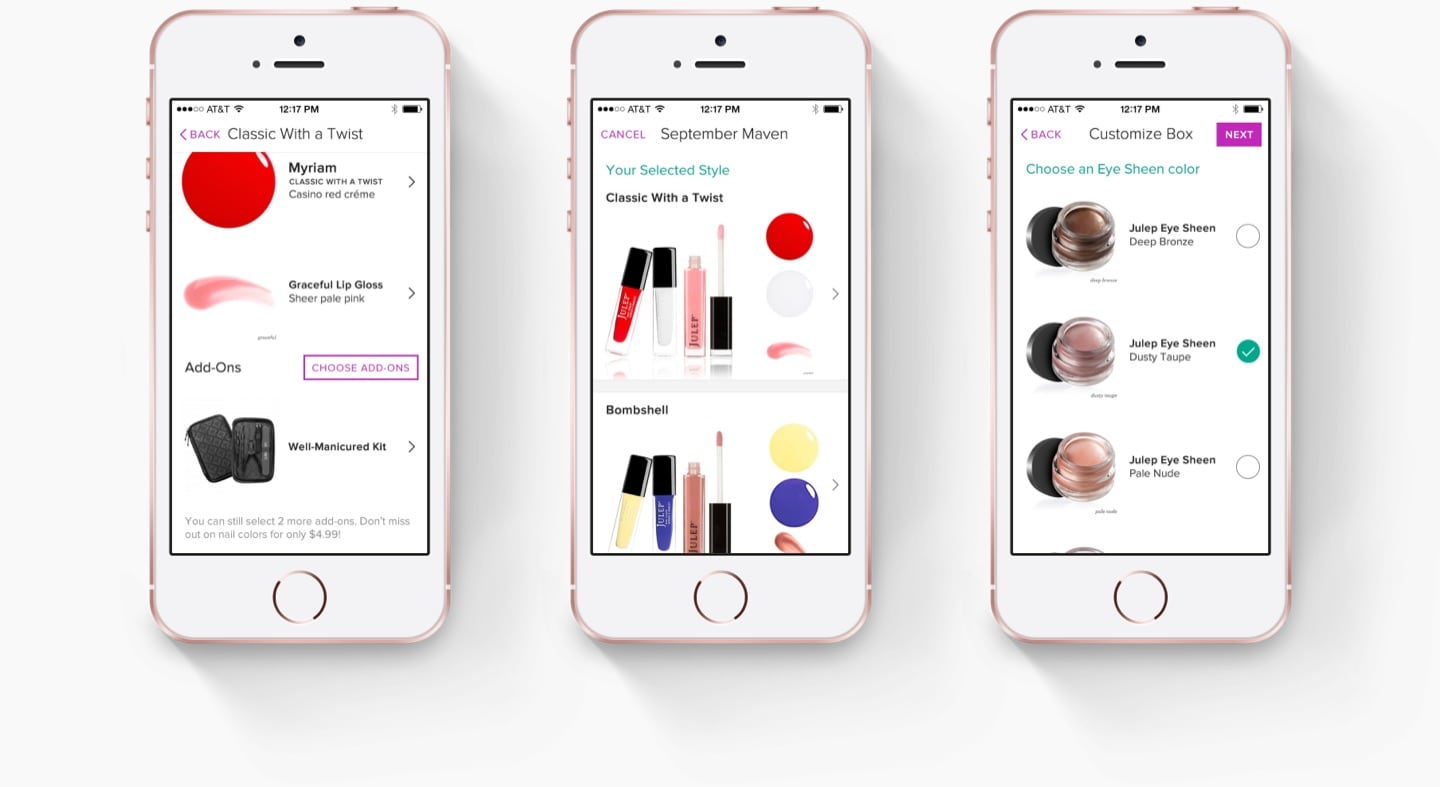 A phone displaying the Julep app while hovering above a pink background