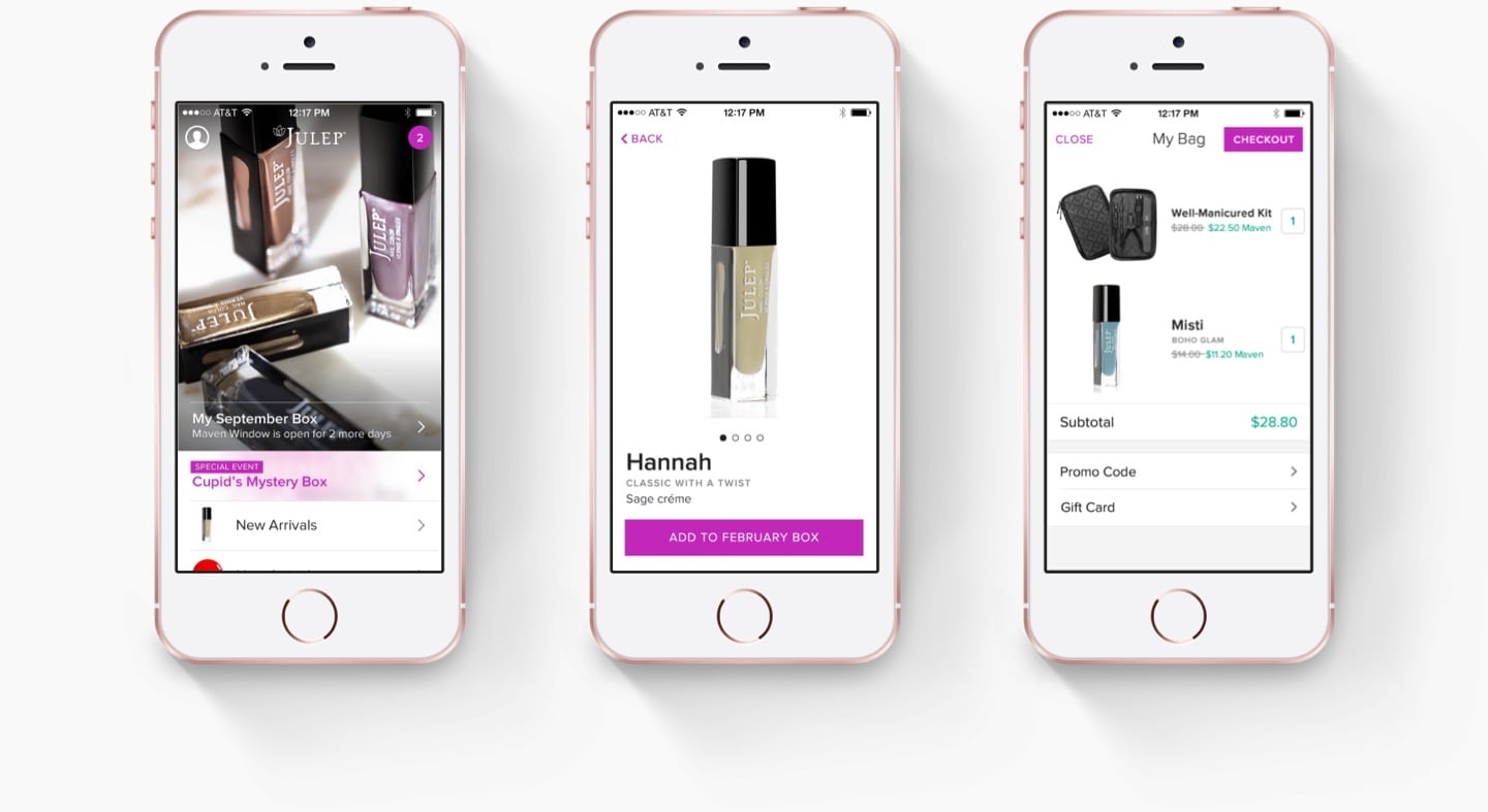 A phone displaying the Julep app while hovering above a pink background