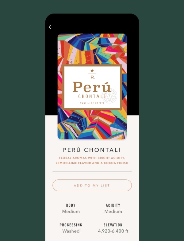 Coffee detail card from Starbucks roastery app